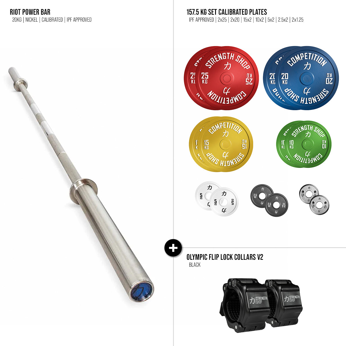 Riot Calibrated Barbell & Plates Bundle - 157.5kg / 207.5kg / 257.5 kg - Strength Shop