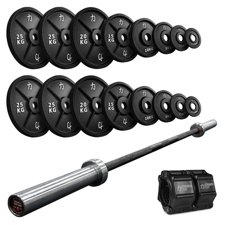 207.5kg Professional Power Bar Bundle | Cast Iron Plates Set & Power Bar - Strength Shop