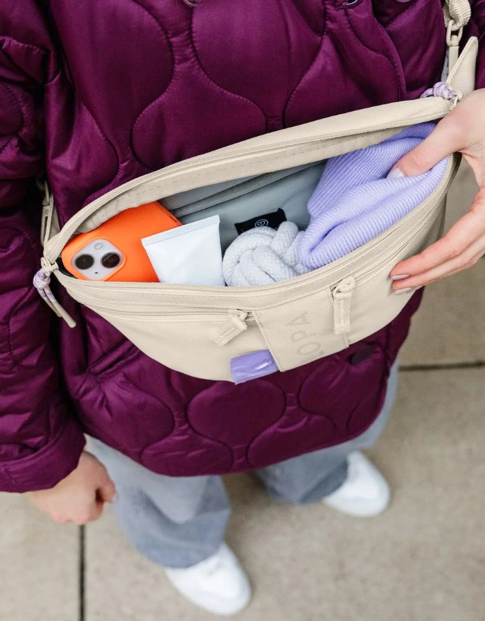 Leckerlibeutel Emma in Creme – vielseitige Bauchtasche für Hundebesitzer:innen mit Leckerlifach, Kotbeutelspender und Reißverschlussfach. Wasserabweisend, pflegeleicht und nachhaltig gefertigt aus recyceltem Polyester.