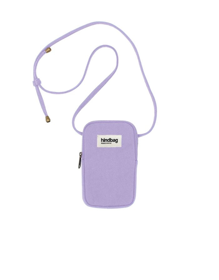Handy-Umhängetasche Bill von Hindbag in Lila – kompakte Smartphone-Tasche aus robuster Bio-Baumwolle mit verstellbarem Schultergurt und praktischem Rückfach