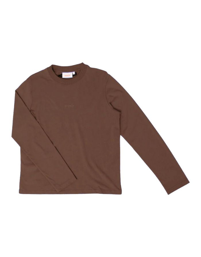 Popeia Langarmshirt in Dunkelbraun – Relaxed Fit, breiter Kragen, Kindness-Spruch im Nacken, Bio-Baumwolle
