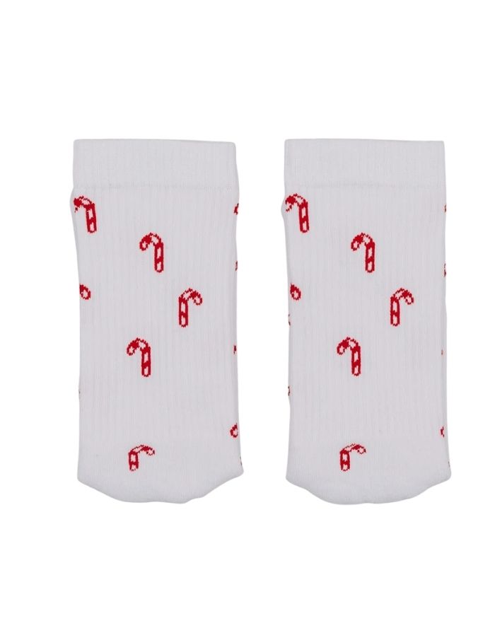 Weiße Socken Zuckerstangen von Eulenschnitt mit gesticktem Zuckerstangen-Motiv, gefertigt aus Bio-Baumwolle, recyceltem Polyamid und Elastan.