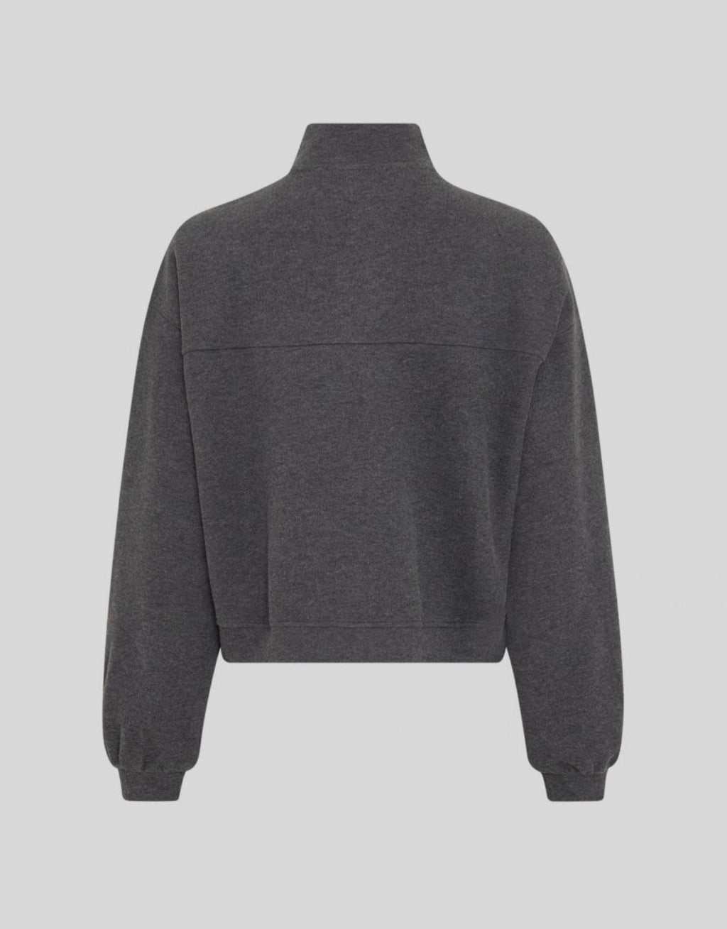 Graues MSCHMarletta Zip Sweatshirt von MSCH Copenhagen mit hohem Stehkragen, Zwei-Wege-Reißverschluss, Fronttaschen und dezenter Logostickerei von hinten