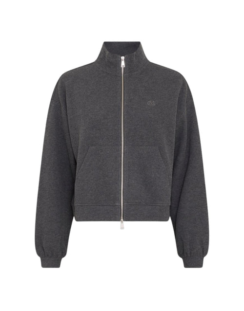 Graues MSCHMarletta Zip Sweatshirt von MSCH Copenhagen mit hohem Stehkragen, Zwei-Wege-Reißverschluss, Fronttaschen und dezenter Logostickerei von vorne
