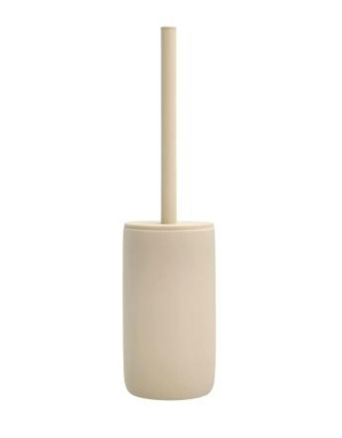 Toilettenbürste Mono in Beige von Södahl: stilvoller Behälter aus Steingut mit beiger Gummibeschichtung und weißer Innenglasur, Größe 9 x 40 cm.