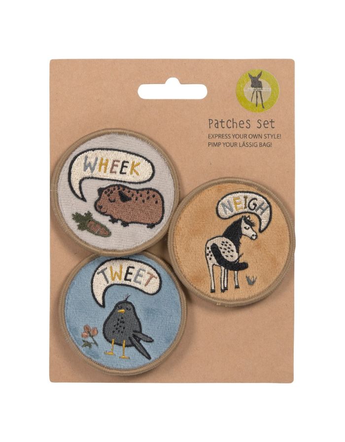 LÄSSIG Patches 3er Set Happy Prints aus 100 % Polyester mit Pferd- und Vogel-Motiv, zum Befestigen an Rucksäcken und Taschen mit Druckknopf.