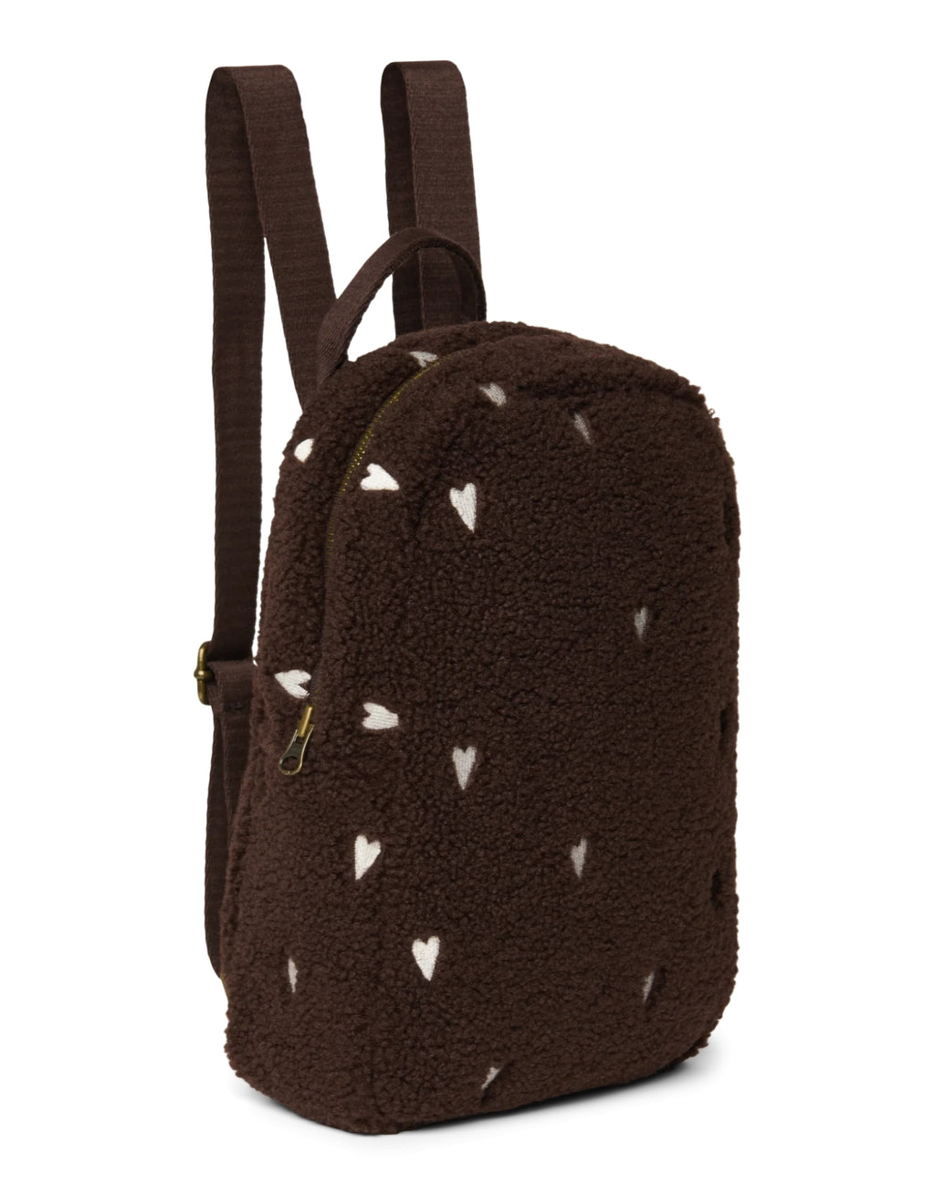 Schokoladenbrauner Mini-Rucksack Chocolate Teddy Hearts von Studio Noos aus weichem Teddy-Material mit gestickten Herzen und verstellbaren Schulterträgern.