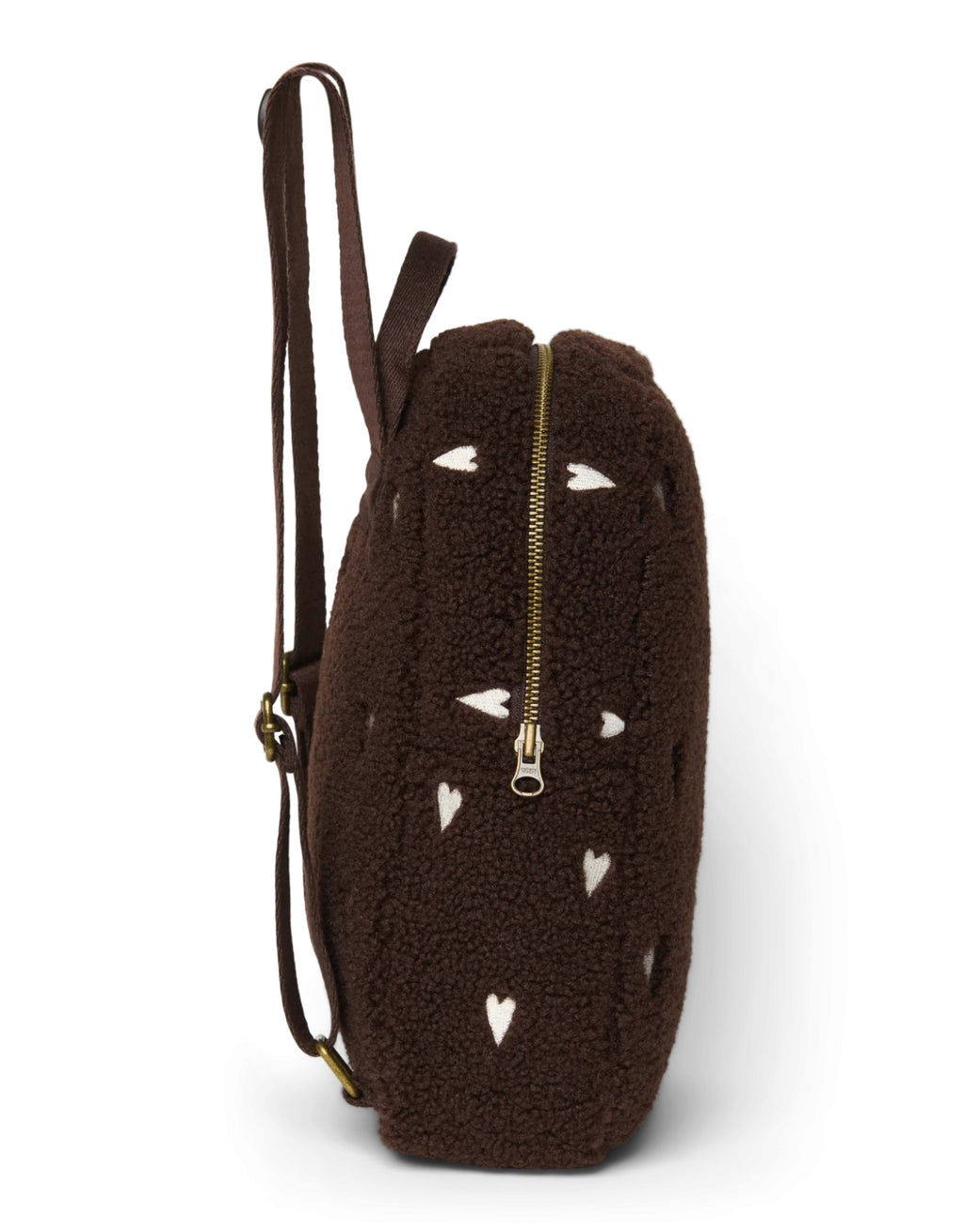 Schokoladenbrauner Mini-Rucksack Chocolate Teddy Hearts von Studio Noos aus weichem Teddy-Material mit gestickten Herzen und verstellbaren Schulterträgern.
