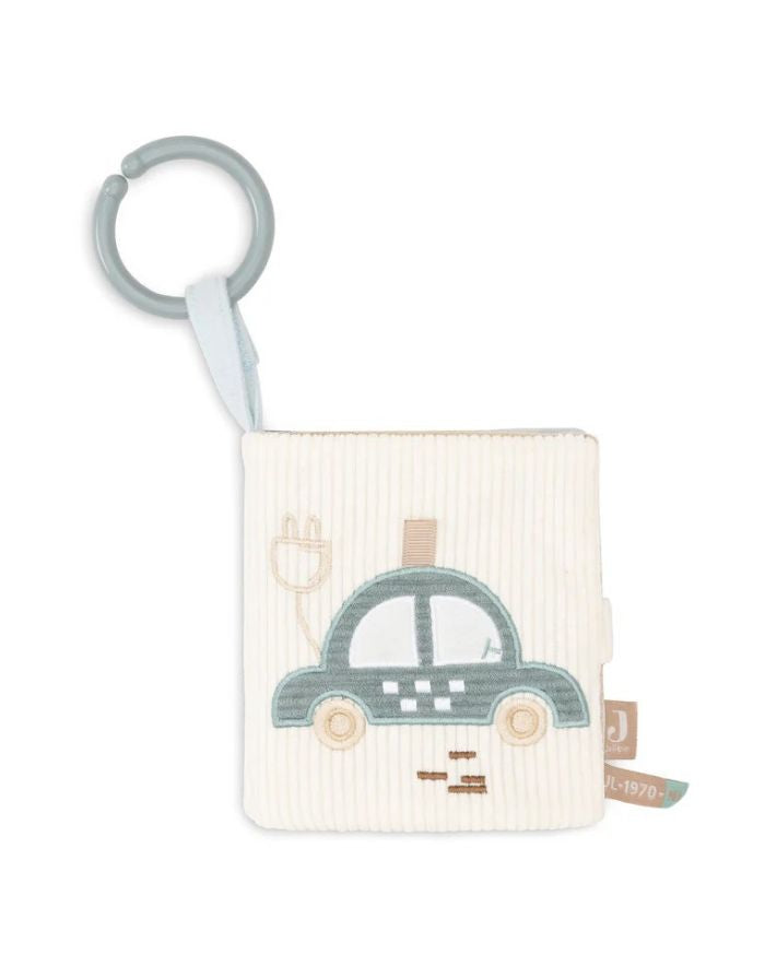 Jollein Activity Stoffbuch „On The Go“ – weiches Stoffbuch in Sea Green und Cloud Blue mit Knisterelementen, Schnüren, Spiegeln und Schlüsselanhänger, CE-zertifiziert.