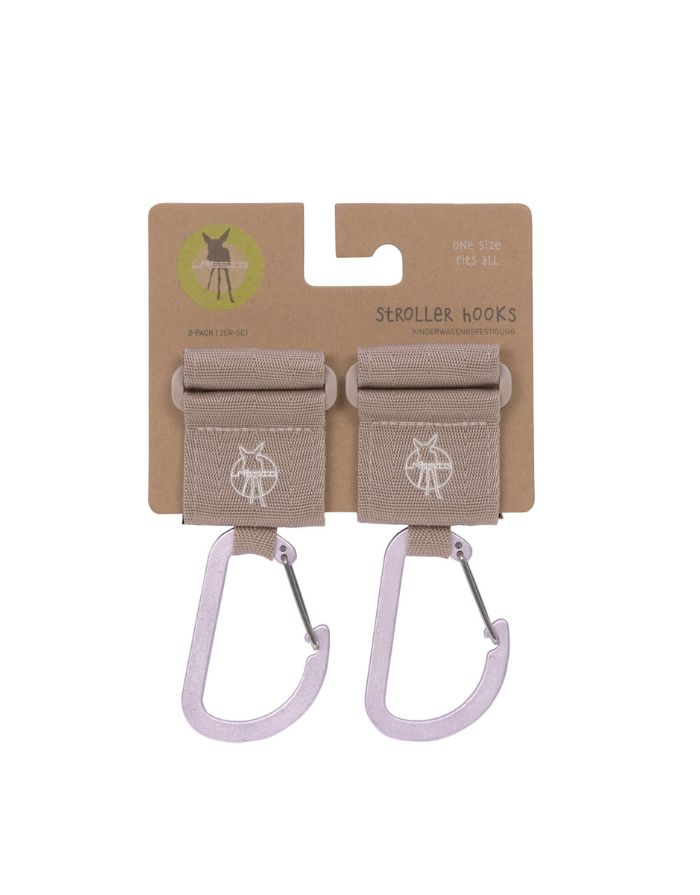 LÄSSIG Kinderwagenhaken 2er Set in Beige – stabile Karabiner mit Klettverschluss zum sicheren Befestigen von Taschen und Zubehör am Kinderwagen oder Buggy.