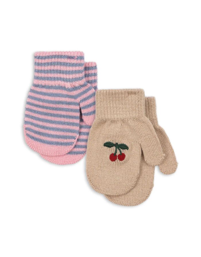 Kinderfäustlinge von Konges Sløjd im 2er-Pack in Cherry/Stripe aus Wollmischung mit Daumeneinsatz