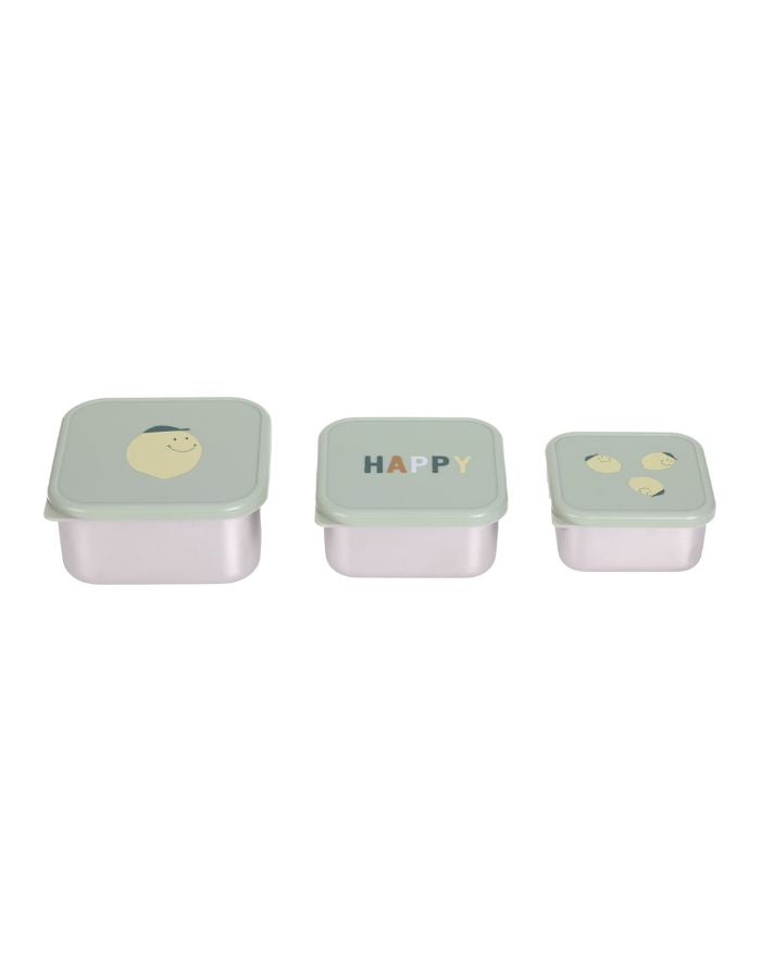 Snackbox 3er Set aus Edelstahl für Kinder, Zitronenmotiv, BPA-frei, spülmaschinengeeignet, platzsparend, aus der Happy Fruits Kollektion.