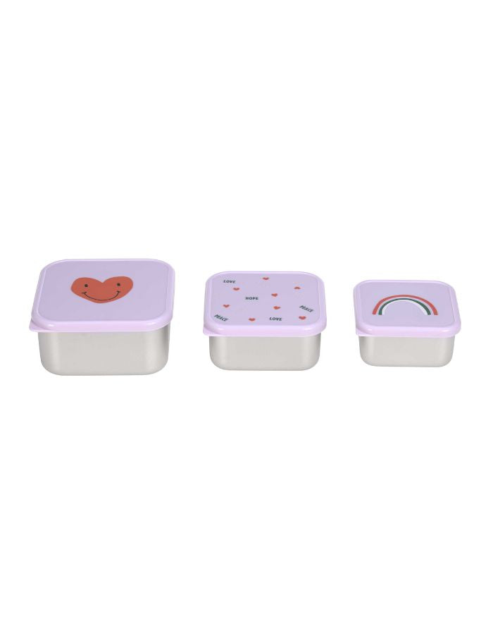 Lavendelfarbene Edelstahl-Snackboxen im 3er Set für Kinder, mit Herzmotiv, BPA-frei, spülmaschinengeeignet, stapelbar, ideal für Snacks unterwegs ab 3 Jahren.