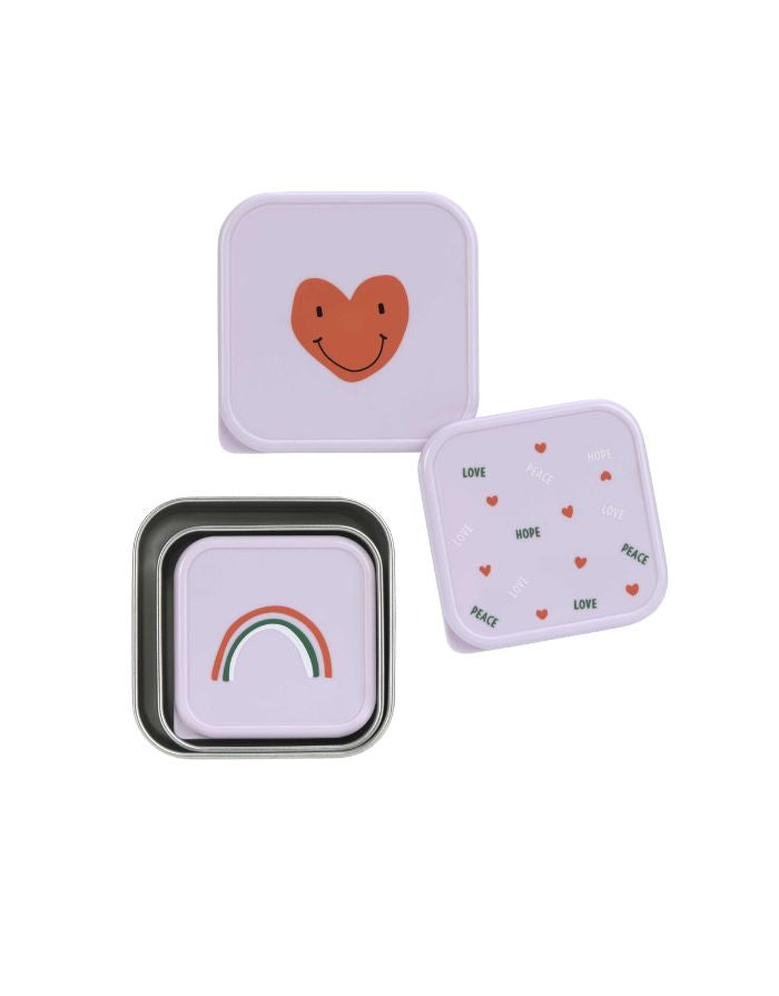 Lavendelfarbene Edelstahl-Snackboxen im 3er Set für Kinder, mit Herzmotiv, BPA-frei, spülmaschinengeeignet, stapelbar, ideal für Snacks unterwegs ab 3 Jahren.