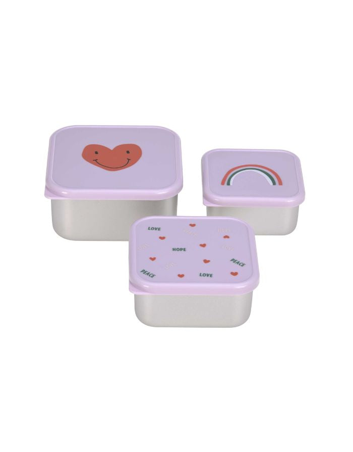 Lavendelfarbene Edelstahl-Snackboxen im 3er Set für Kinder, mit Herzmotiv, BPA-frei, spülmaschinengeeignet, stapelbar, ideal für Snacks unterwegs ab 3 Jahren.