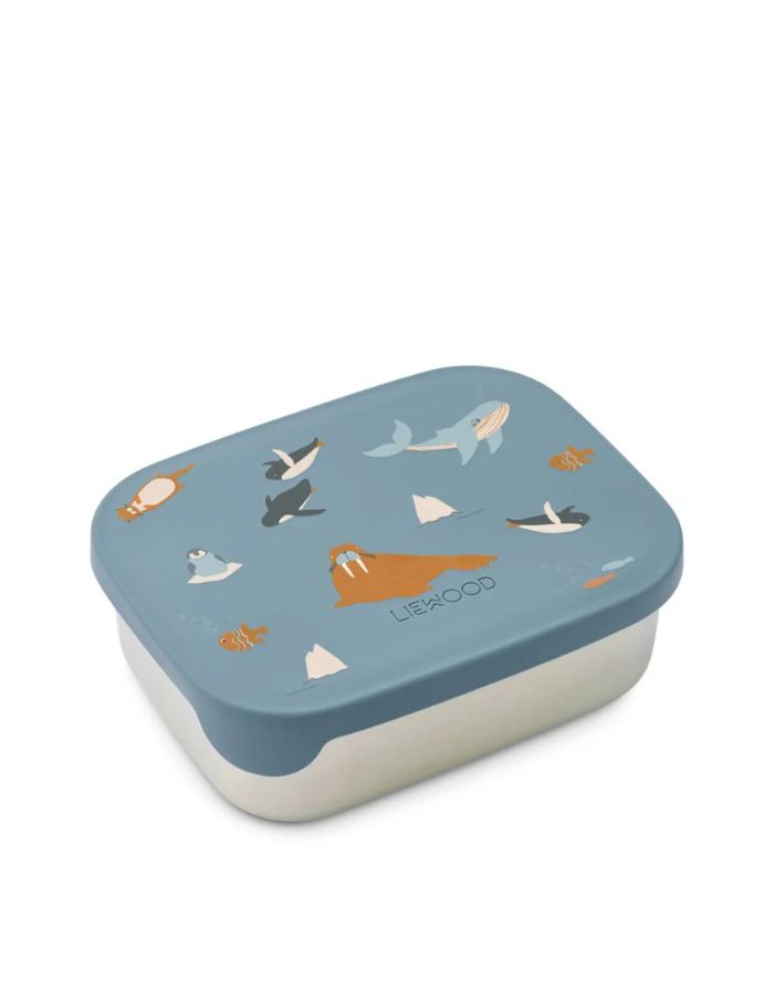  Liewood Arthur Lunchbox Arctic Sea/Ocean View aus Edelstahl mit flexiblem Silikondeckel und drei Fächern.