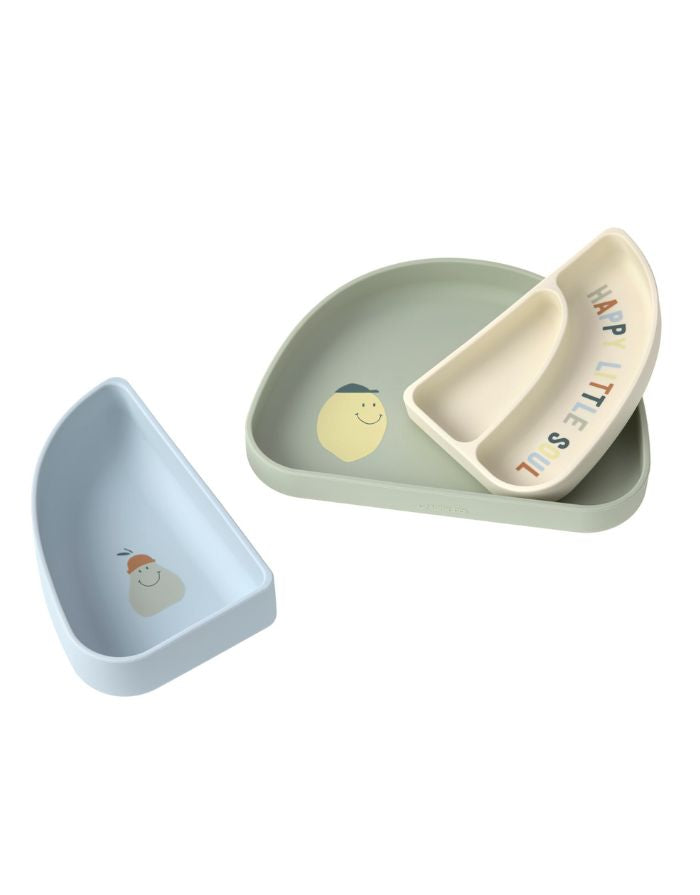 LÄSSIG Menüteller Kinder Silikon 3er Set Happy Fruits Lemon, Regenbogenform, BPA-frei, stapelbar, bruchfest, spülmaschinen- und mikrowellengeeignet.