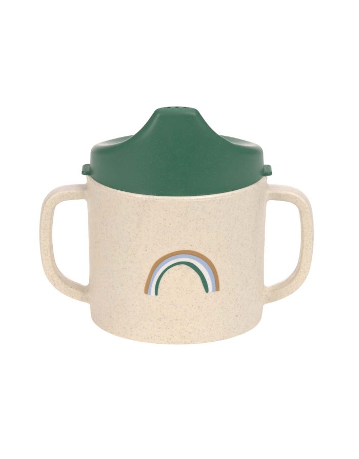 Grüner Trinklernbecher mit Smiley-Motiv, zwei Griffen und Antitropf-Ventil, BPA-frei, rutschfest, mikrowellen- und spülmaschinengeeignet, geeignet für Babys ab 6 Monaten.