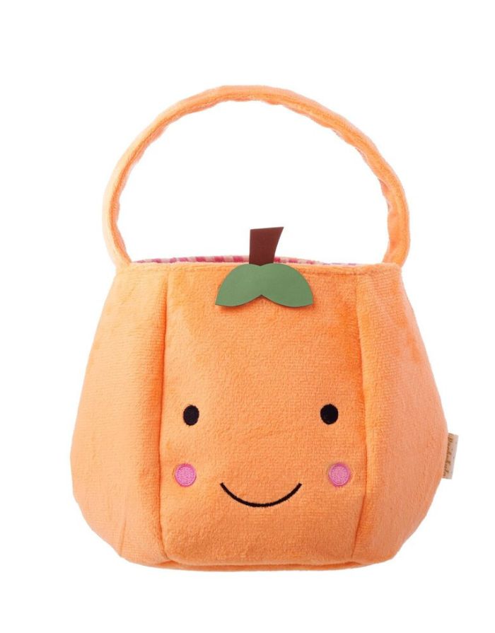 Rockahula Körbchen Little Pumpkin – orangefarbenes Samt-Kürbiskörbchen mit Gesicht, Stiel, Blatt und gestickten Details.