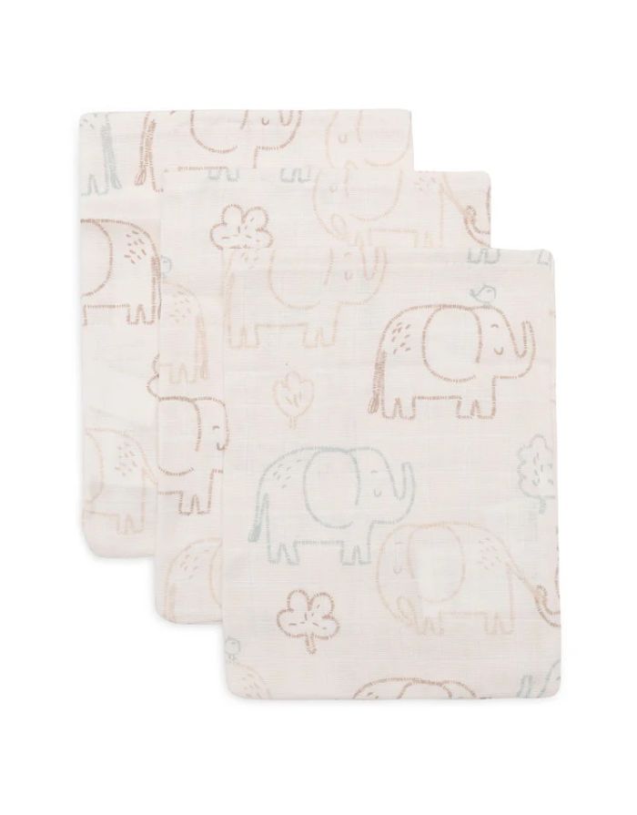 Jollein Waschlappen Musselin 3er Set „Elephant Tales“ – weiche hydrophile Baumwoll-Waschlappen mit Elefantenprint, OEKO-TEX zertifiziert, sanft zur Babyhaut.