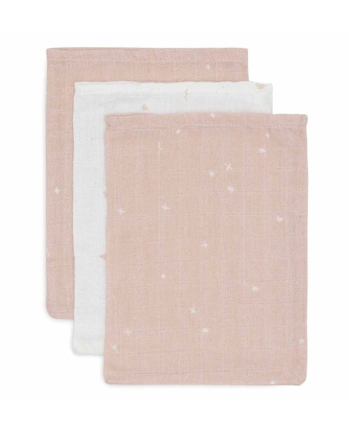 Jollein Waschlappen Musselin 3er Set „Twinkling“ – hydrophile Baumwoll-Waschlappen in Wild Rose mit Sternenprint, OEKO-TEX zertifiziert, weich und hautfreundlich.