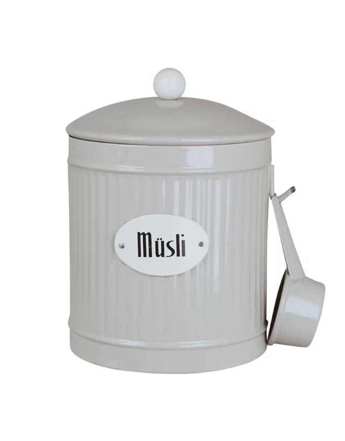 Beige Hugo Müsli Dose von Strömshaga, Ø 14,5 x H 20 cm, handbemalt, mit Löffel, für Müsli und Vorräte, dekorativer Küchenlook.