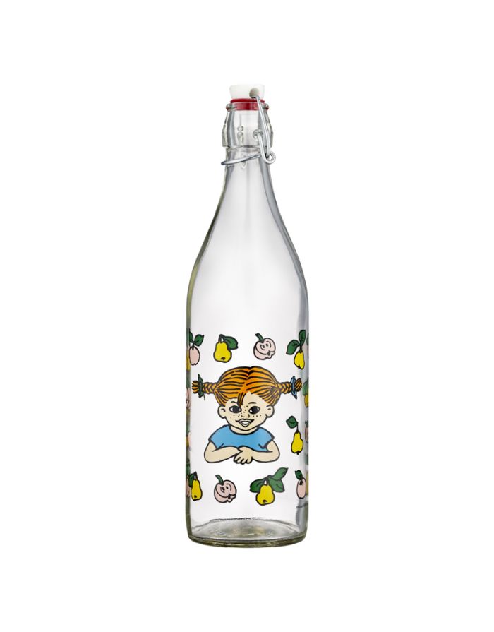 Glasflasche Pippi Langstrumpf Fruits von Muurla, 1 Liter, mit Bügelverschluss und Pippi-Motiv mit Äpfeln und Birnen, spülmaschinenfest