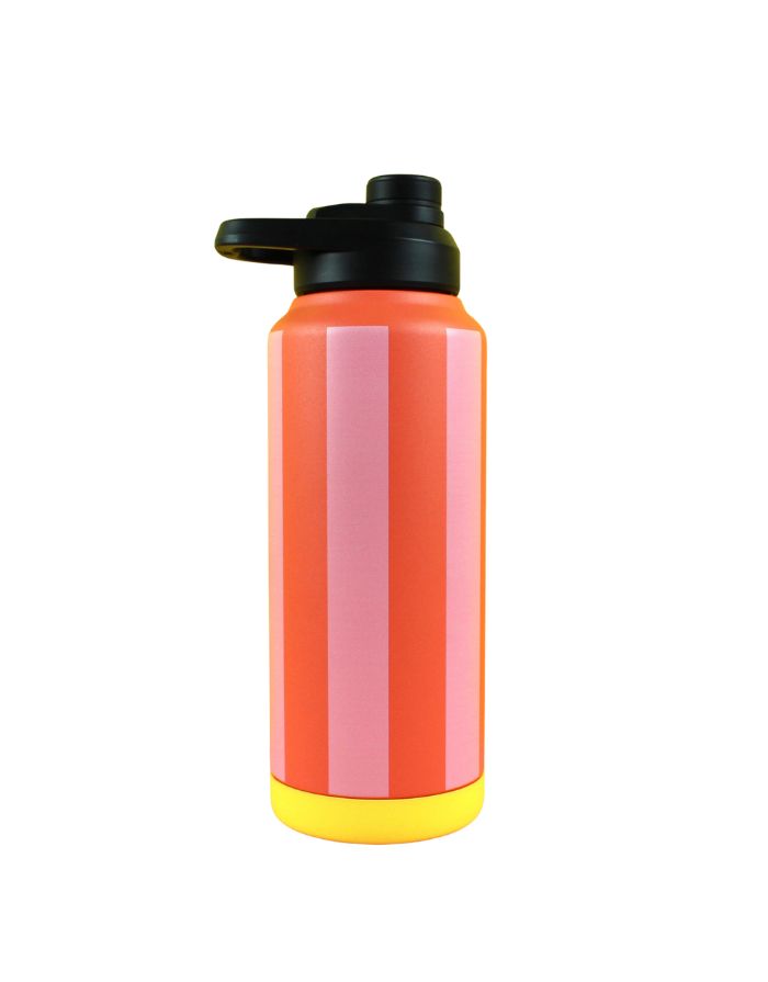 Ava & Yves Trinkflasche Stripes Feuerrot/Rosa/Gelb – 1 Liter Edelstahlflasche mit Sportverschluss, vakuumisoliert.