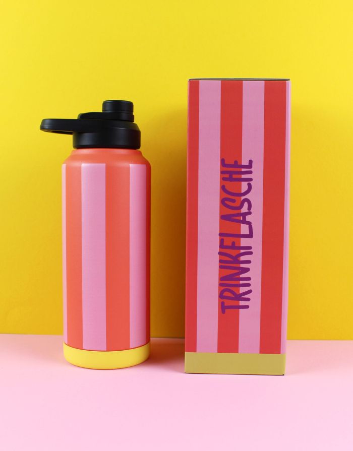 Ava & Yves Trinkflasche Stripes Feuerrot/Rosa/Gelb – 1 Liter Edelstahlflasche mit Sportverschluss, vakuumisoliert.
