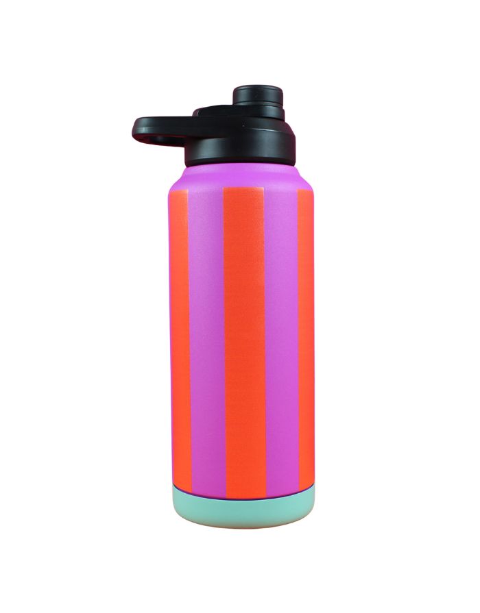 Ava & Yves Trinkflasche Stripes Fuchsia/Feuerrot/Petrol – 1 Liter Edelstahlflasche mit Sportverschluss, vakuumisoliert.