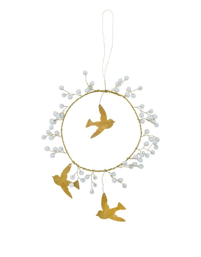 House Doctor Weihnachtsschmuck Bird in Weiß, handgefertigter Messingkranz mit drei Vögeln und weißen Glasperlen, Ø 10 cm als Freisteller
