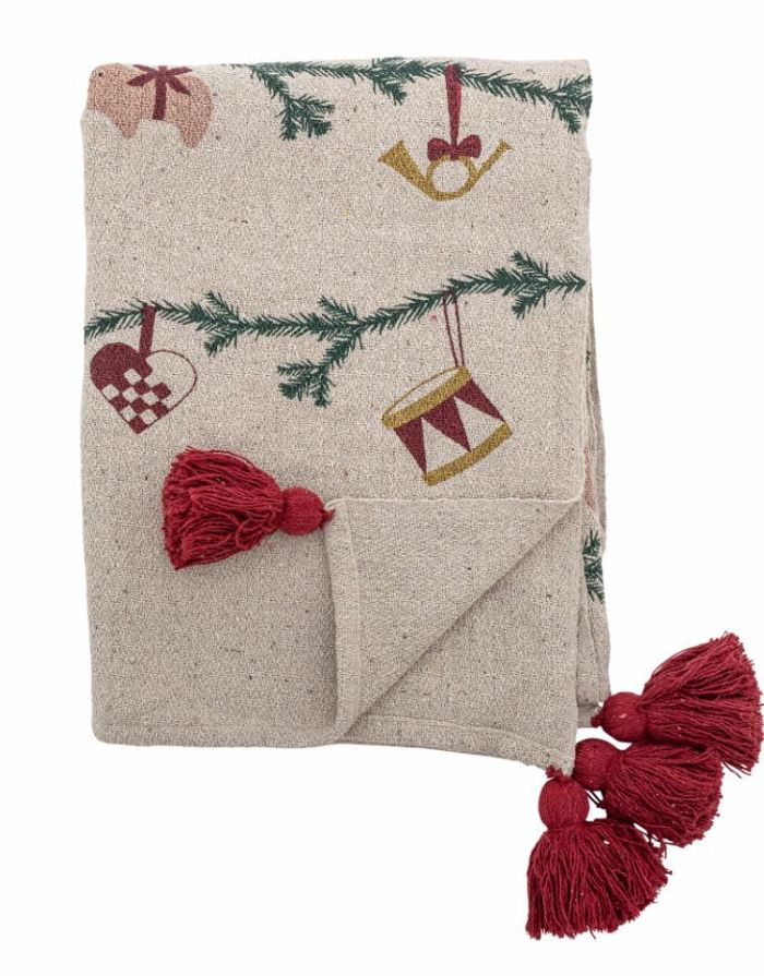 Bloomingville Decke Yule Rot aus recycelter Baumwolle  mit Weihnachtsmotiv