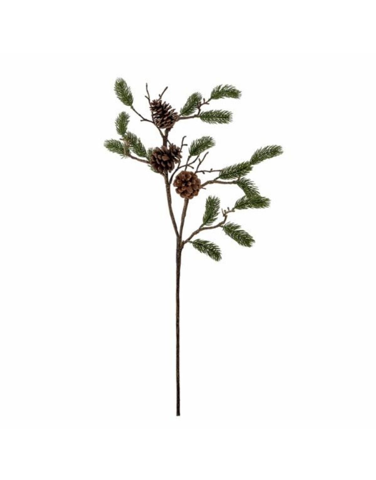 Grüner künstlicher Pine Stiel von Bloomingville mit strukturierten Kiefernnadeln und braunen Tannenzapfen, 73 cm hoch.