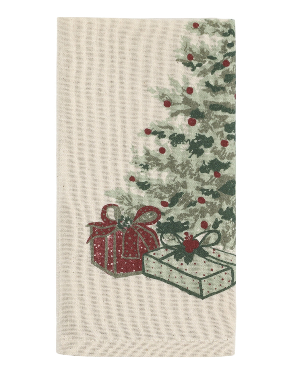Stoffserviette von Chic Antique in natürlicher Leinenfarbe mit weihnachtlichem Tannenbaummotiv aus Baumwolle im Format 40 × 40 cm.
