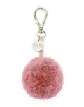Reflektierender Pom Pom Anhänger in Rosa von Firefly Reflectors aus flauschigem Garn mit reflektierendem Faden und Band – stilvolles Accessoire für Taschen und Rucksäcke.